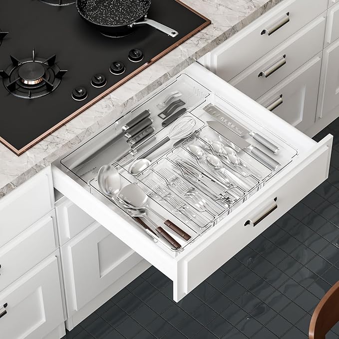 Clear Expandable Silverware Organizers for Kitchen Drawers