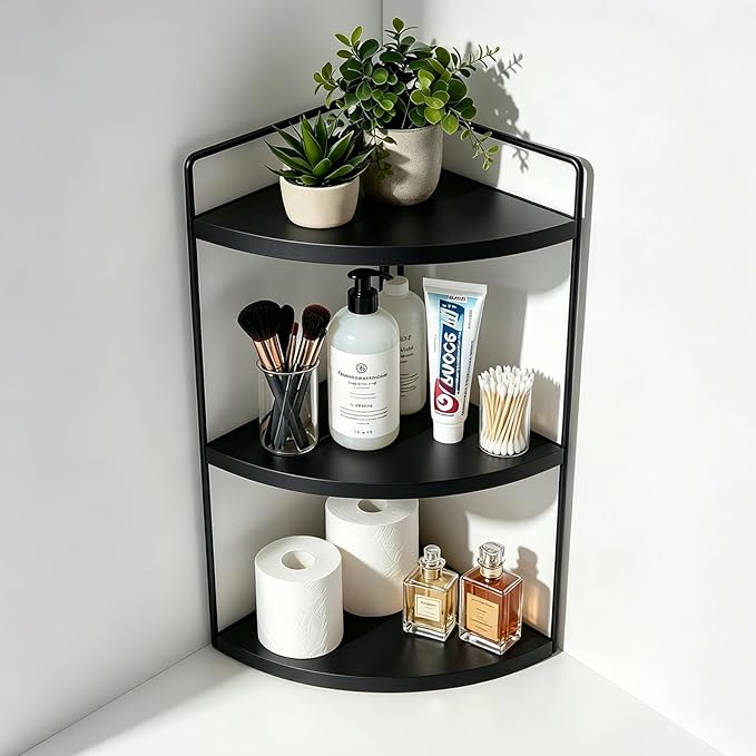 3-Tier Corner Bathroom Countertop Organizer, Solid Pine Wood Vanity Corner Shelf for Skincare & Makeup, Waterproof Standing Rack for Bathroom, Vanity, Kitchen & Dresser, Large 15.7"H, Black