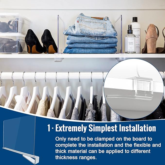 BAUMFEUER 2 Pack Clear Acrylic Shelf Dividers for Closet Shelf Organizer of Bedroom Kitchen Office Bathroom Organizer for Clothes Books and Handbags