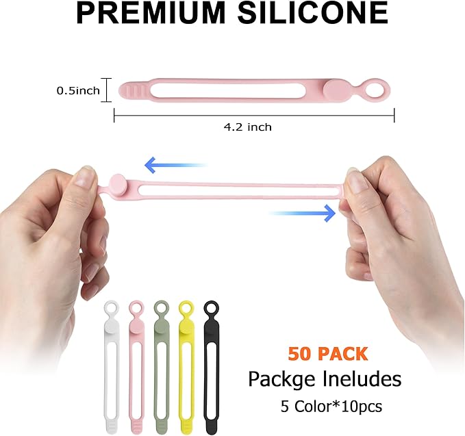 Silicone Cable Ties Cord Organizer for Bundling Earphone, Phone Charger, Computer Cords, Reusable Wire Organizer Cable Management in Home,Office,Kitchen,School (5 Colors x10Pcs)