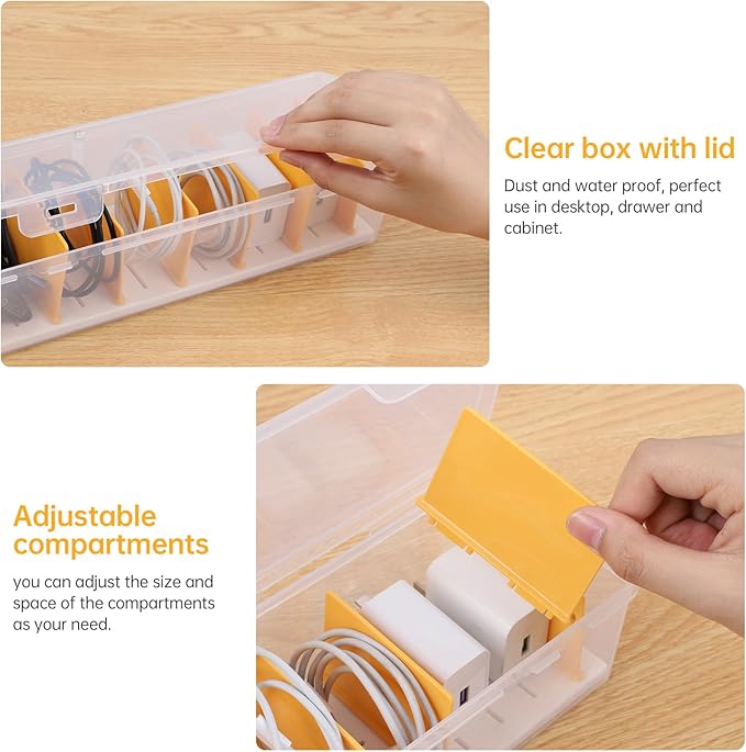 PAVSTINE 2 Pack Clear Cable Organizer Box with Lid, Plastic Charger Cable Cord Storage Organizer, Office Desk Organizers, Multifunctional Accessories Storage for Home Drawer Office, Stackable