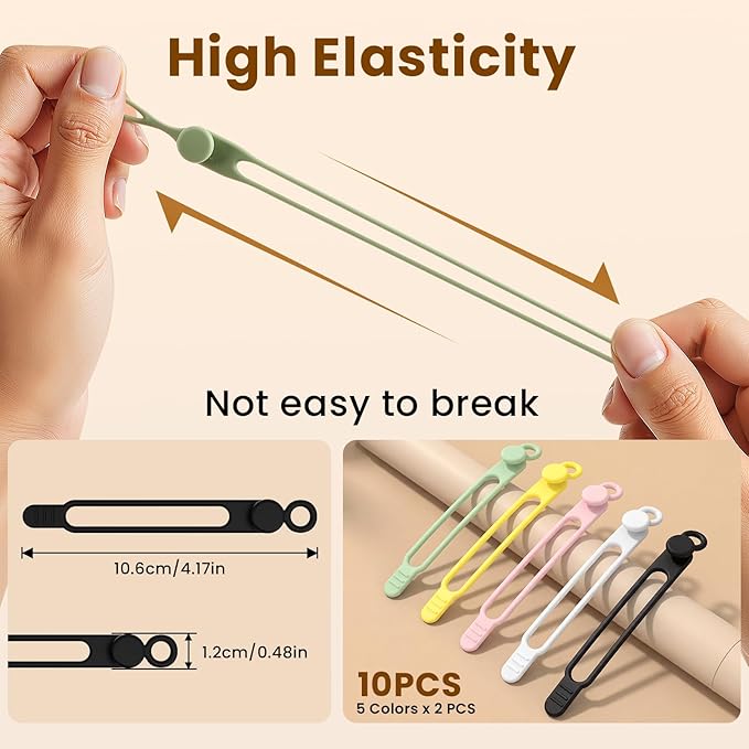 10 Pcs Silicone Cable Ties, Reusable Data Cable Organizer Wire Organizers for Office, Multipurpose Elastic Cord Wraps Cable Management for Charging Cord,Appliances,Home,Office,Kitchen,School,Travel