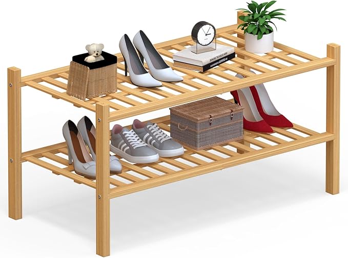 Haddockway Large 2 Tier Bamboo Shoe Rack Storage Organizer, Multifunctional Free Standing Stackable Shoe Shelf with Grid Panel for Closet,Hallway,Entryway,Small Space 27"x12"x14"