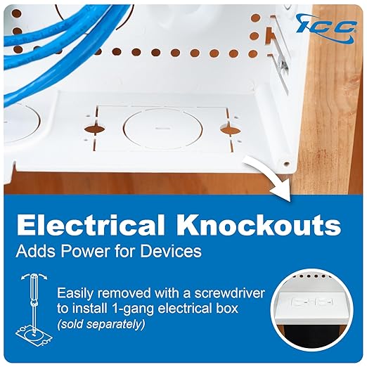 ICC 9” Plastic Structured Wiring Enclosure with Cover, Includes 3 Connectivity Modules (CAT6 8-Port PoE++ Module, 1x8 Bridged Telephone RJ31X Module, 1x6 Video Module), UL Listed, TAA Compliant
