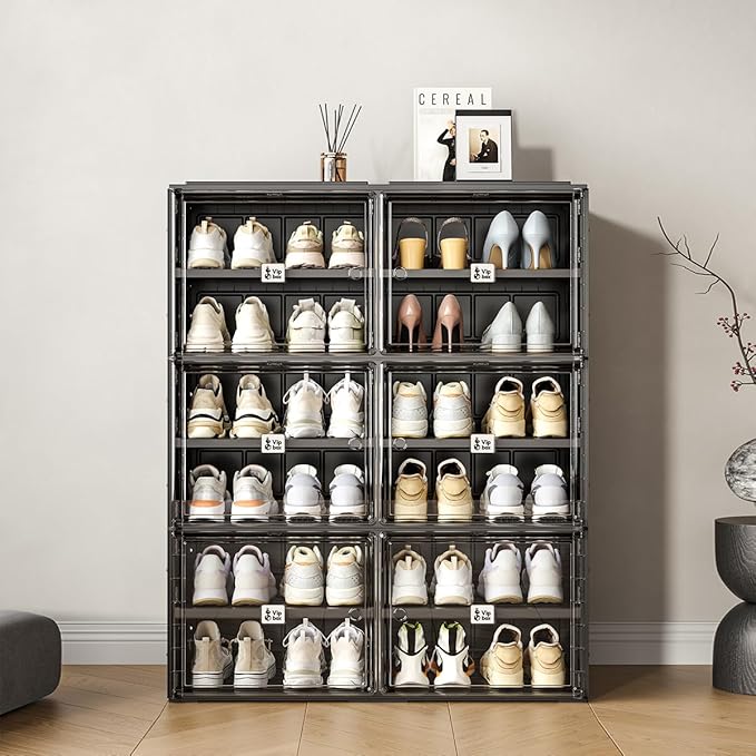 Vipbox Black Shoe Rack Organizer Cabinet for Closet Entryway,Clear Shoe Storage Boxes Stackable Sneaker Storage with Door Easy Assembly Shoe Cabinet with Lids Large 6 Tiers 24 Pairs