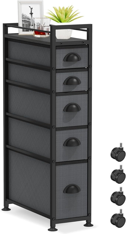 5 Drawer Narrow Slim Cabinet Skinny Storage Tower Chest, Sturdy Fabric Drawers