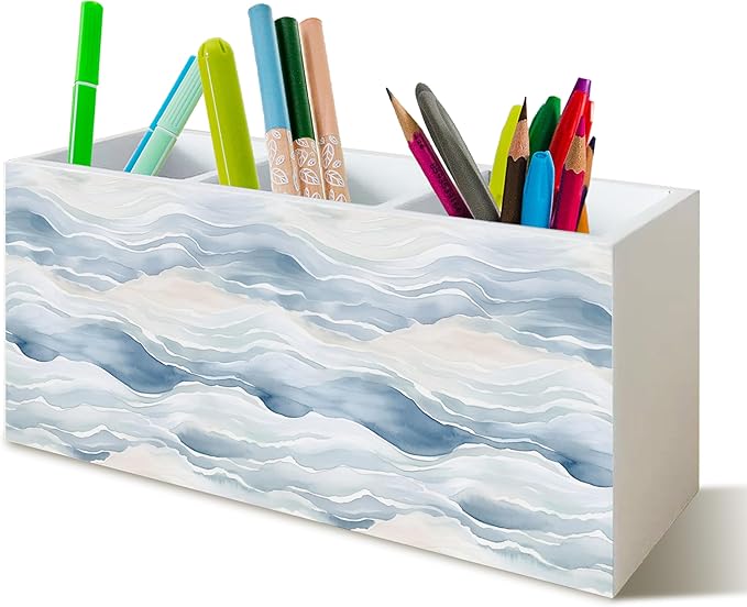 Ocean Waves Beach Pen Pencil Holder Organizer for Desk, Watercolor Coastal Beach Wooden Box Block Sign for Home Office Tabletop Decor