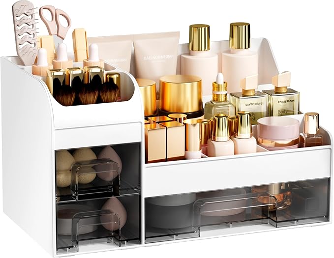 Makeup Organizer with Drawers, Large Cosmetic Storage Box, White transparent