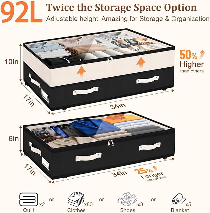 Dolicer 4 Pack Under Bed Storage with Wheels, 6in-10in Height Adjustable Underbed Storage Containers, 92L XXXL Under Bed Drawers Rolling Bin with Clear Lids for Dorm Shoes Clothes Organizers(Black)