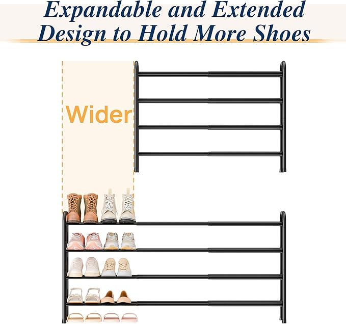 ENJOYBASICS 4 Tier Expandable Shoe Rack for Closet, Free Standing Metal Shoe Shelf Storage Organizer Holder 24 Pairs, Adjustable Width Shoe Rack for Entryway Small Space, Black