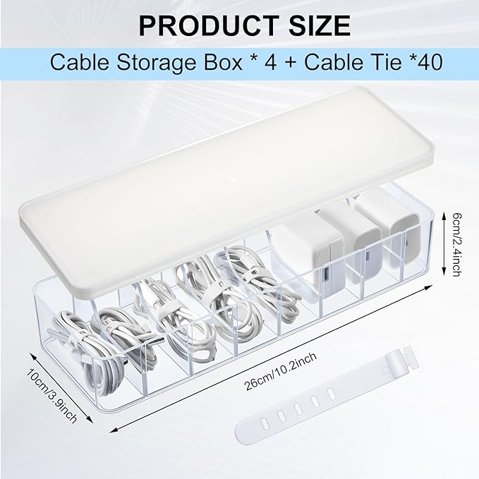 4 Pcs Cable Organizer Box with Wire Ties, Clear,White