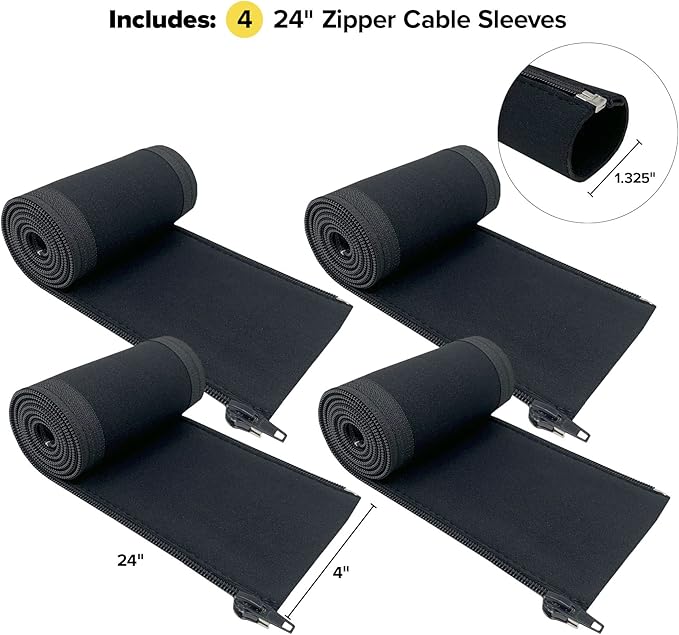Zipper Cable Sleeves, 24 x 4 in, 4 Pack – Black