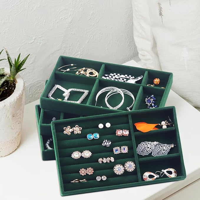 Set of 8 Stackable Jewelry Organizer Stackable Trays for Drawers,Jewelry Drawer Inserts Container Display Case Storage for Earring Necklace Rings Bracelet with Removable Dividers-Green