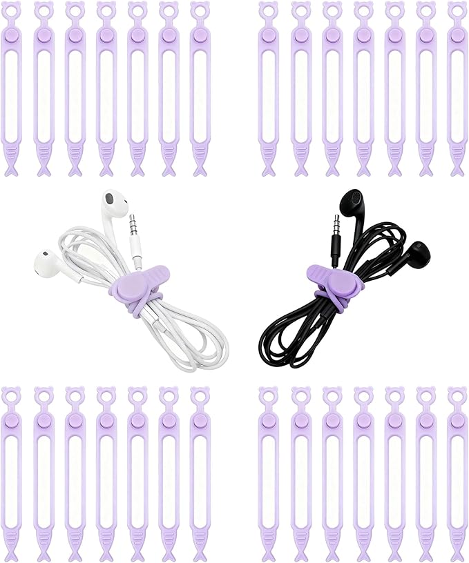 28 Pcs Silicone Cable Ties Reusable, Purple Cable Cord Organizer Straps for Charging Wire, Computer Cords