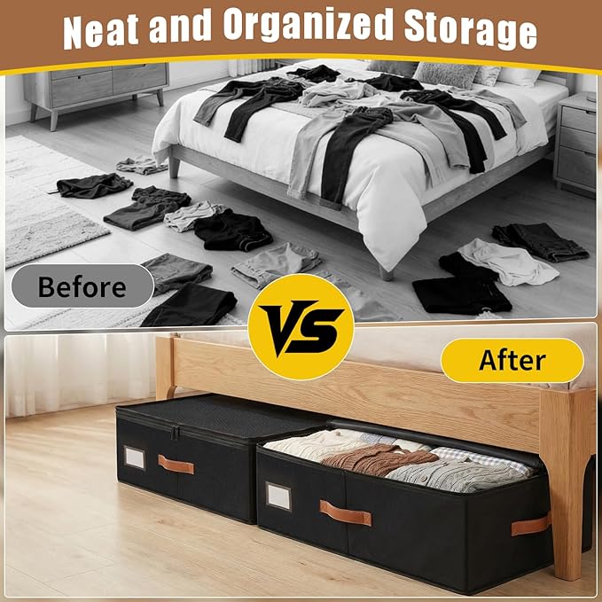 Under Bed Storage Containers with Wheels 2-Pack , 9.5" Tall Underbed Storage Drawers Organizer Bins for Clothes Shoes Toys Wrapping Paper with Extra Interior Pockets, Easy Pull-out, Heavy-duty