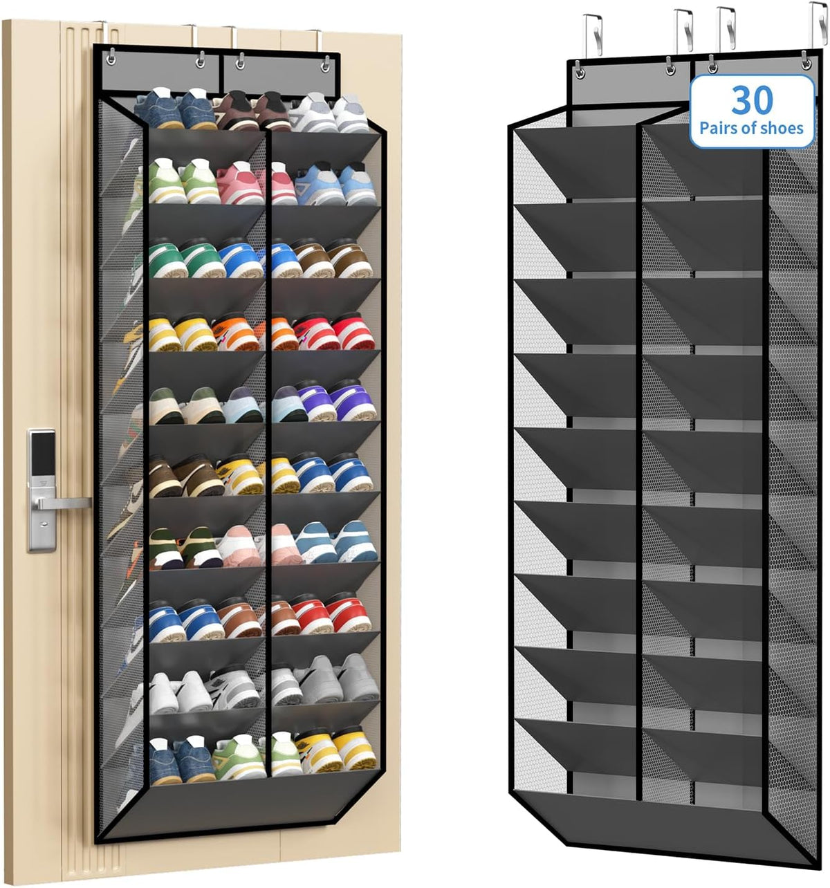 20-30 Pairs Grey Over the Door Shoe Organizer, Mesh Hanging Shoe Rack for Door Storage with 20 Wide Deep Pockets,10-Tier Door Shoe Holder Fits Sneakers, Boots.