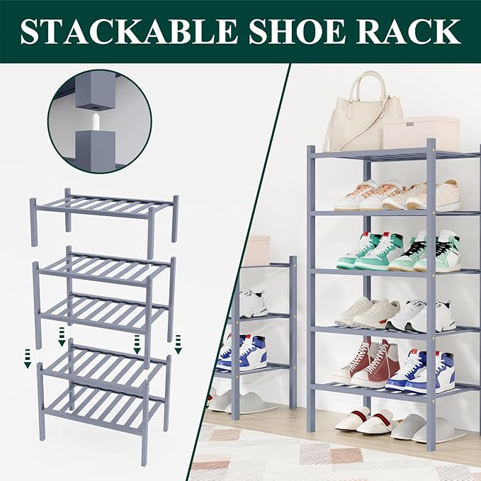 Smiry Small Bamboo Shoe Rack, 5 Tier Free Standing Wooden Shoe Organizer, Stackable Wood Shoe Storage Shelf for Closet, Entryway, 12 Vertical Slats, 2+2+1 Stack Standard Legs, 17.3"x11"x32.5", Grey