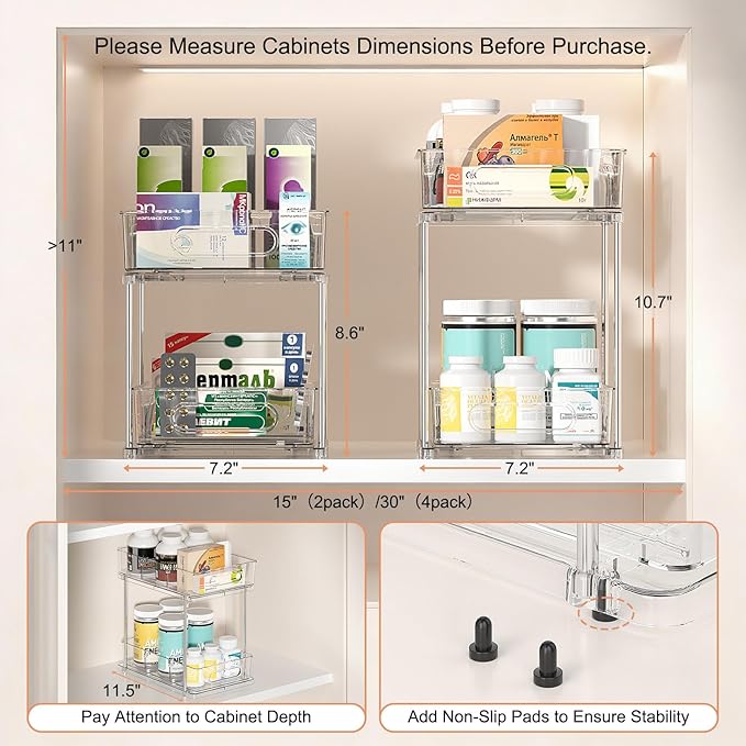 Delamu 2 Tier Under Sink Organizer Bathroom, Bathroom Cabinet Organizer with Snap-Lock Design and Hooks, Pull Out Storage with Movable Dividers, for Countertop, Kitchen and Pantry (Clear, 2 Pack)