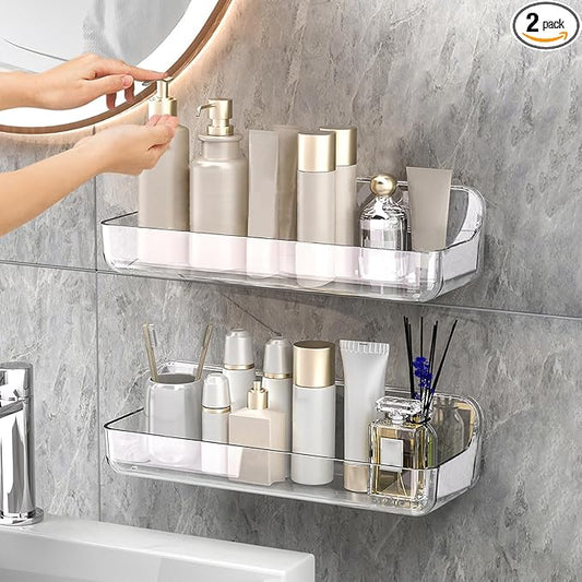 Adhesive Long Shower Caddy, Stick Hanging Acrylic Organizer Shelves