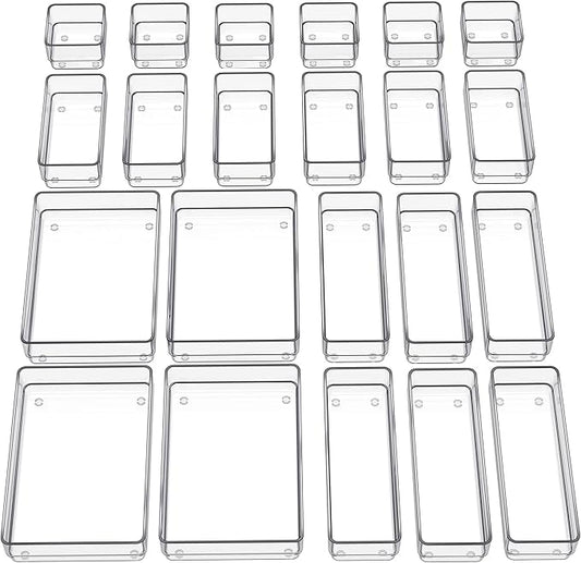 SMARTAKE 22-Piece Drawer Organizer with Non-Slip Silicone Pads, 4-Size Clear Desk Drawer Organizer Trays Storage Tray for Makeup, Jewelries, Utensils in Bedroom Dresser, Office and Kitchen, Clear