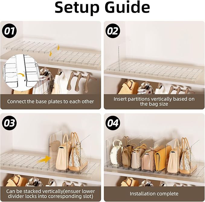 Stackable Bag & Purse Organizer for Closet Acrylic Shelf Dividers for Closet Organization, Clear Handbag Purse Storage Organizer Divider, Keep Clutch, Wallet, Pocketbook Upright, 6 Pack
