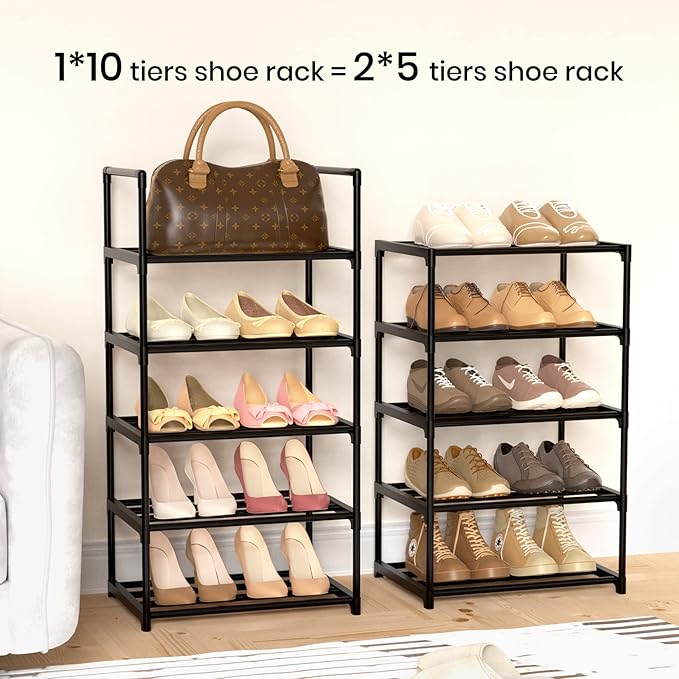 Narrow Shoe Rack 10 Tiers Tall Shoe Rack for Entryway Closet 20 24 Pairs Shoe & Boots Organizer Storage Shelf Durable Black Metal Stackable Shoe Cabinet with Hooks, 17.1D x 11.8W x 78.7H in