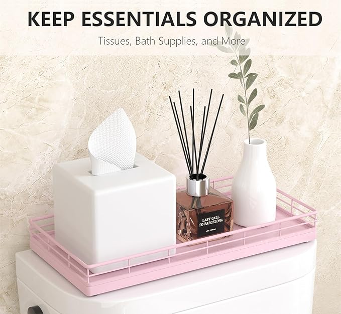 Toilet Paper Basket Organizer, Oak Wood Toilet Tank Tray with Metal Frame, Pink