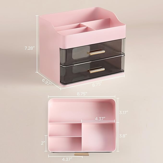 Makeup Organizer for Vanity with 2 Drawers, Pink