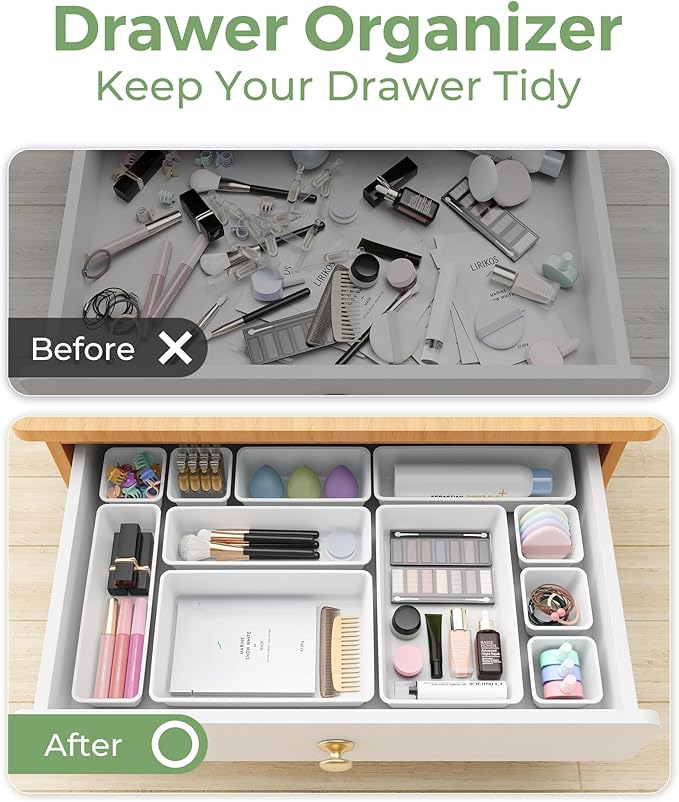 25 PCS Plastic Drawer Organizers Set, 4-Sizes Vanity and Makeup Organizer, White