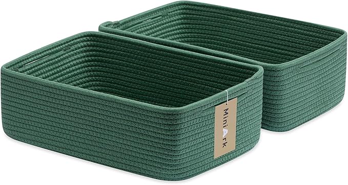 MiniArk Large Shallow Organizing Baskets 15x11x5.1 Inches - Rope Woven Storage Bins for Bathroom, Shelves, Cube Closet, Green 2 Packs