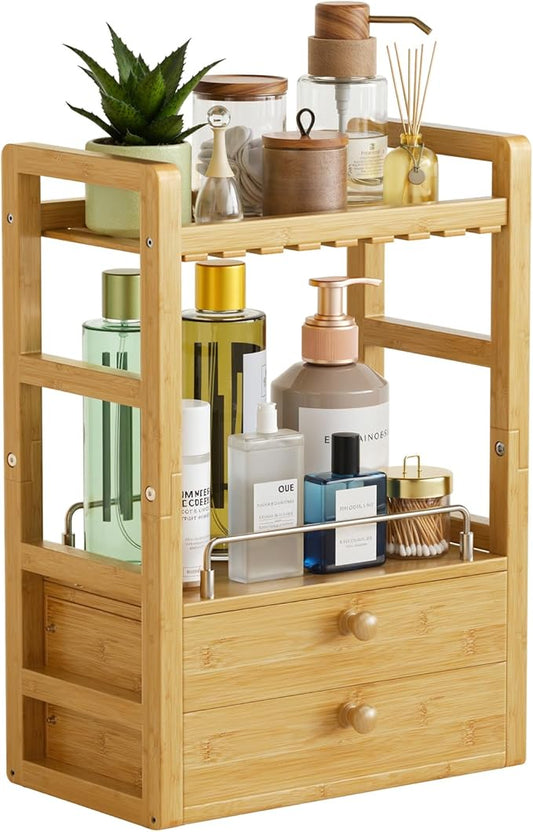 Bamboo Bathroom Countertop Organizer, 2-Tier Makeup Organizer with 2 Drawers