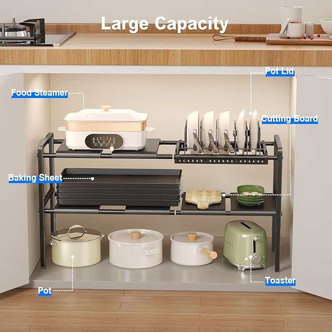 Pots and Pans Organizer Under Cabinet, 6panels,1 Pot rack, Black