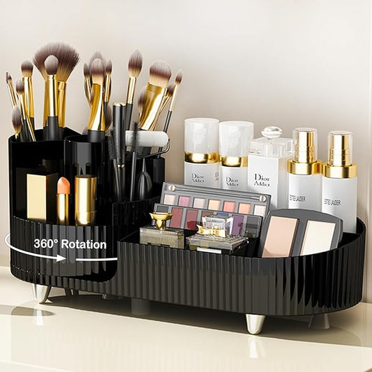 Rotating Makeup Organizer for Vanity with Brush Holder, Black