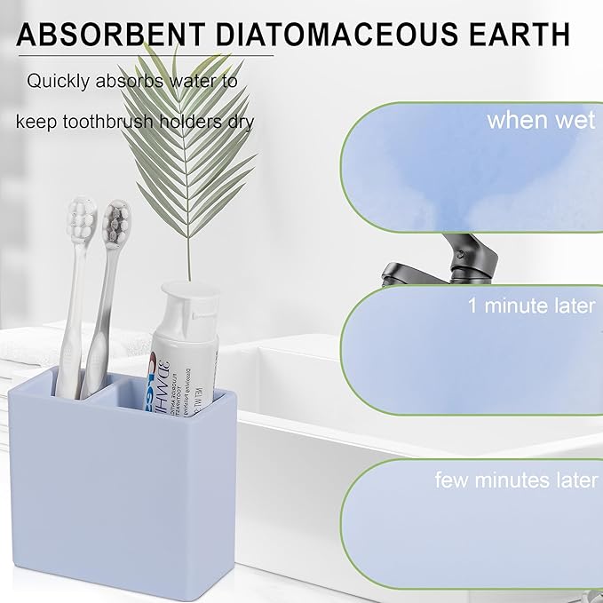 Diatomite Toothbrush Holder 2 Slots Tooth Brush Holder for Bathroom, Kids Electric Toothbrush and Toothpaste Organizer for Countertop, Shower, Vanity, Blue