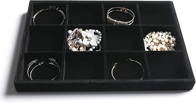 Frebeauty Stackable Velvet Jewelry Organizer Trays for Drawers Inserts Jewelry Storage Tray Display Case Stud Earrings Bracelets Necklace Rings Accessories Trays for Women Girl(Set of 4)(Black).