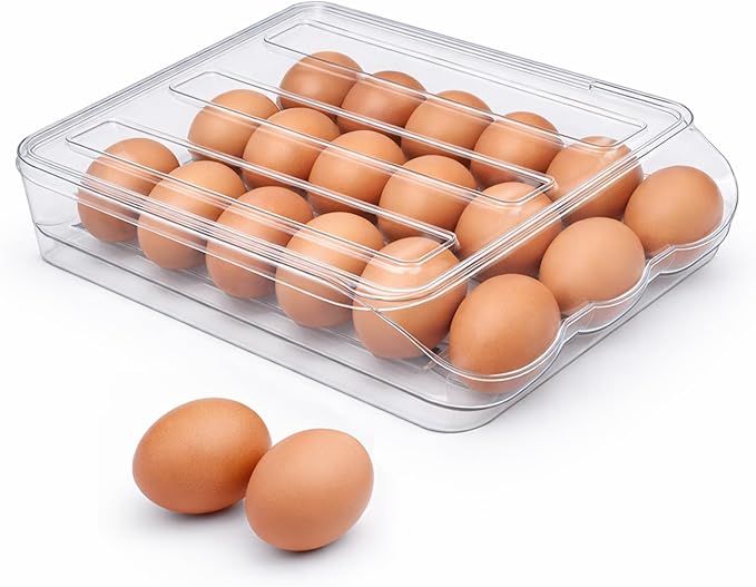 Egg Holder for Fridge with Rolling Auto Dispense, Egg Dispenser for Refrigerator, Stackable Egg Organizer for Refrigerator, Holds 18 Eggs, Clear Space Saving Storage Container for Kitchen Use