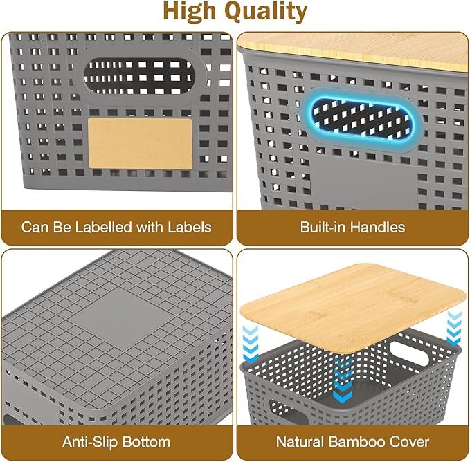 Stackable Storage Basket: Plastic Baskets Bins, Baskets for Organizing, Pantry Decorative Containers for Closets, Cabinets, Shelves(8 Pack, Grey)