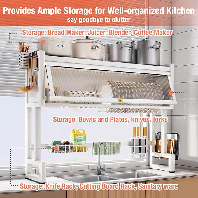 Milkshake White 3 Tier Over Sink Dish Rack Drainer with Cover - Space-Saving Organized Drying Rack for Dishes, Glasses, Bowls, Cutlery