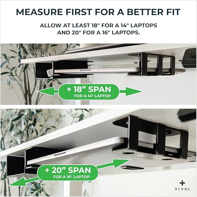 VI+AL Under Desk Laptop Mount - Hidden Metal Shelf with Side Storage - Installs with Tape & Screws - Fits Devices up to 1.7" Thick - Standard (No Hook or Cable Organizer)
