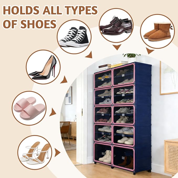 Collapsible Shoe Rack Organizer, 9 Tiers-36 Pairs Foldable Shoe Cabinet with Magnetic Clear Door, Large Plastic Folding Shoe Cabinet Blue & Pink, Easy Assembly Shoe Shelves Organizer for Entryway