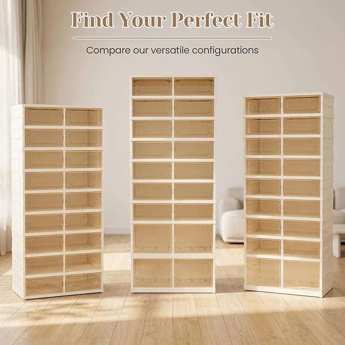 Foldable Shoe Rack with Doors, Stackable Plastic Shoe Organizer, Large Clear Shoe Storage Boxes for Closet and Entryway, Portable Collapsible Shoe Cabinet 9 Tiers, 27Pairs
