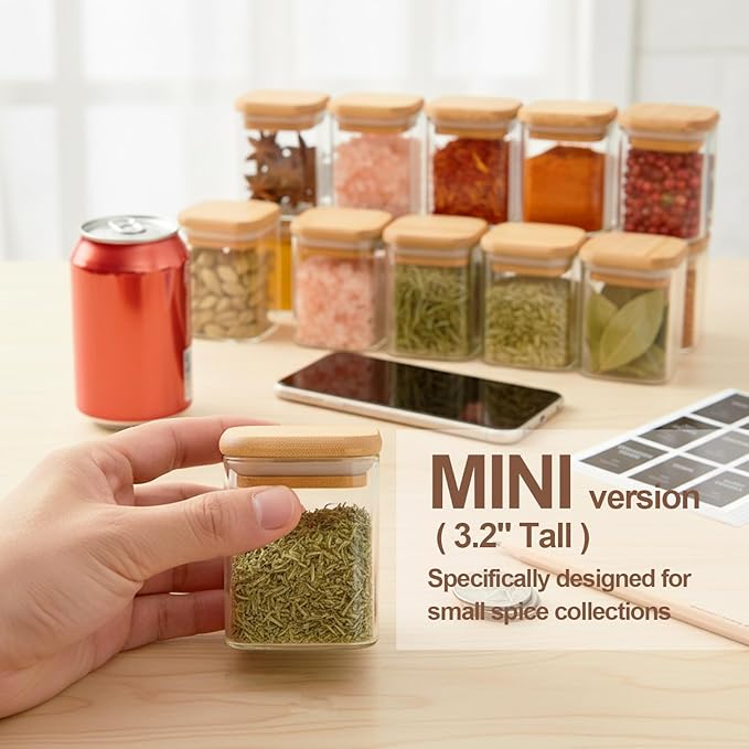 ComSaf Spice Jars with Label 4oz 16 Pack, Glass Spice Jars with Bamboo Lid, Mini Seasoning Containers with 54 Black Labels, Stackable for Kitchen, Pantry Organization, Loose Tea, Herbs, Powders, Salt