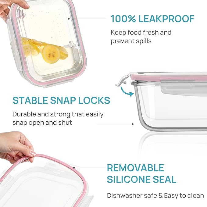 Vtopmart 2Pack 2260ml/ 76.4oz Large Glass Storage Containers with Lids, Meal Prep Food Container Set with Snap Airtight Lid for Baking, Microwave, Oven, Leak Proof, for Freezer, Dishwasher, Pink