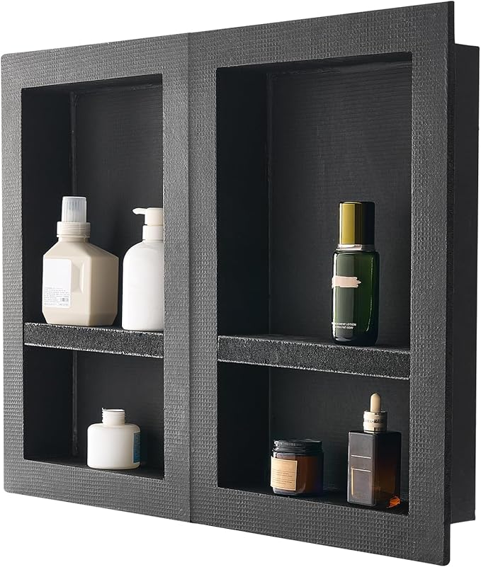 VEVOR Shower Niche, 16 x 24 inch + 16 x 24 inch Recessed Wall Niche with Movable Shelf, 4 inch Thick Modern Soap&Shampoo Storage Organizer,Square Corners,Sealed Waterproof,Black for Bathroom Shower