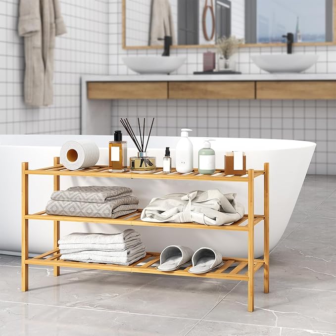 Long Shoe Rack, 3-Tier Bamboo Stackable Shoe Shelf Storage Organizer, Shoe Stand for Closet, Entryway and Hallway