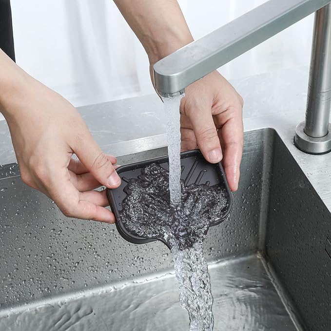 MicoYang Silicone Soap Dish with Drain Spout — Self-Draining Sink Organizer Tray for Bathroom & Kitchen, Holds Bar Soap, Sponges & Dispensers, Non-Slip & Dishwasher Safe, Coffee (Small, 4.9"×3.2")