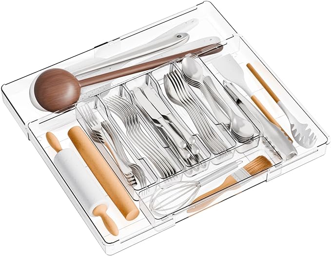 Clear Large Expandable Silverware Organizer and Kitchen Utensil Drawer Organizer