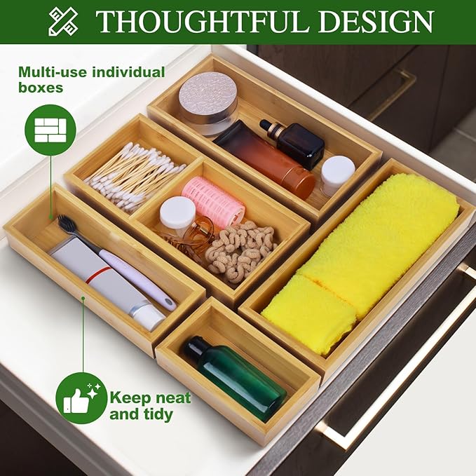 Bamboo Drawer Organizer Set, 5 PCS Multi-Use Individual Wood Storage Organizers