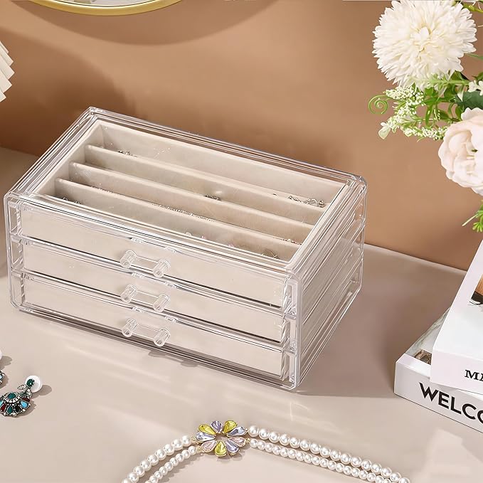 CLUQMEIK Necklace Organizer Box with Clear Lid, Dustproof Velvet Jewelry Holder Storage Display Case, Stackable Acrylic Necklace Tray Drawer Insert for Women and Girls (Beige,3 Drawers)