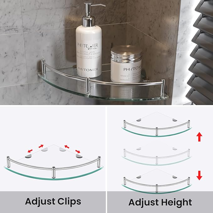 Glass Corner Shelves Tempered Bathroom Eestantes para Baños with Rail Wall Mounted Drill Hole for Corner Shower Shelf for Inside Shower 2 Pack（Sliver）